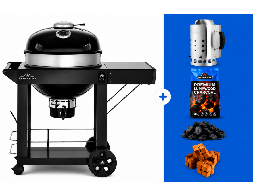 Grill węglowy 22" PRO Charcoal Kettle Cart czarny + zestaw (komin do rozpalania #67802, węgiel drzewny 3 kg #67107, podpałka 100 szt. #67052)